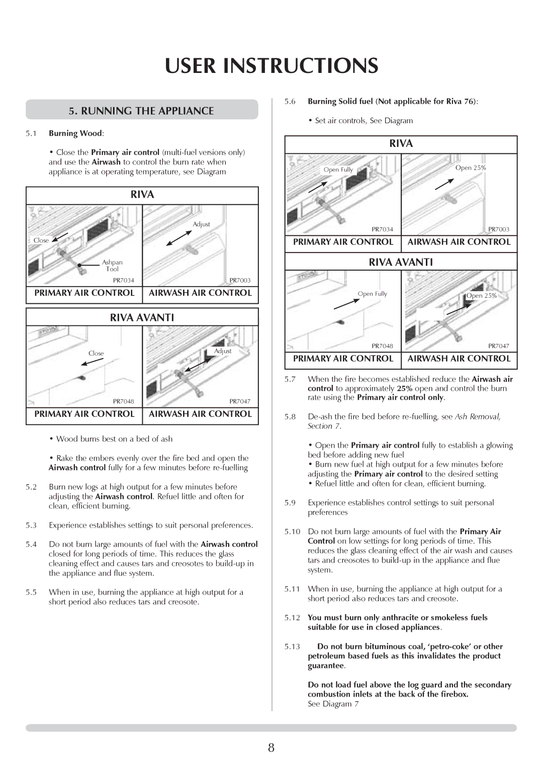 Stovax RV55, RV40, RV76FK, RV66AVC manual Running The appliance, Burning Wood, Burning Solid fuel Not applicable for Riva 