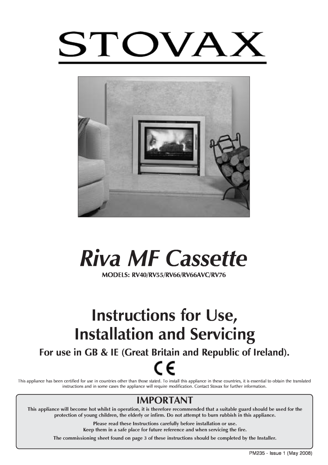 Stovax manual MODELS RV40/RV55/RV66/RV66AVC/RV76, Riva MF Cassette, Instructions for Use Installation and Servicing 