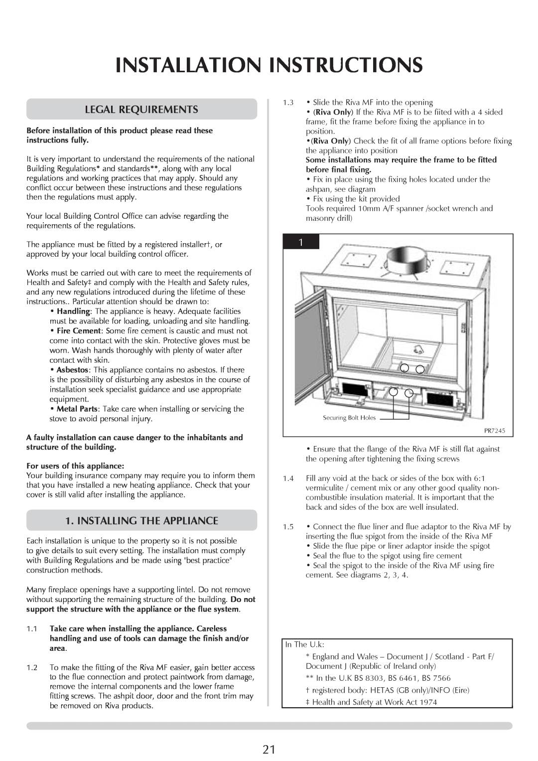 Stovax RV40, RV66 Installation Instructions, Legal requirements, INSTALLING THE Appliance, For users of this appliance 