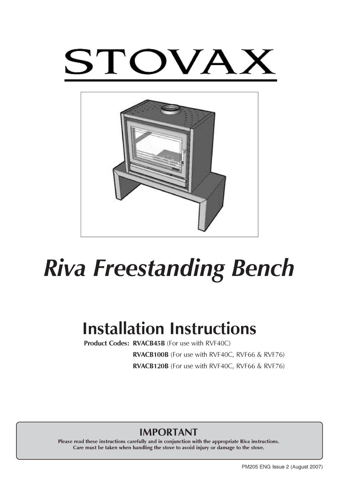 Stovax RVACB45B, RVACB100B, RVACB120B installation instructions Riva Freestanding Bench 