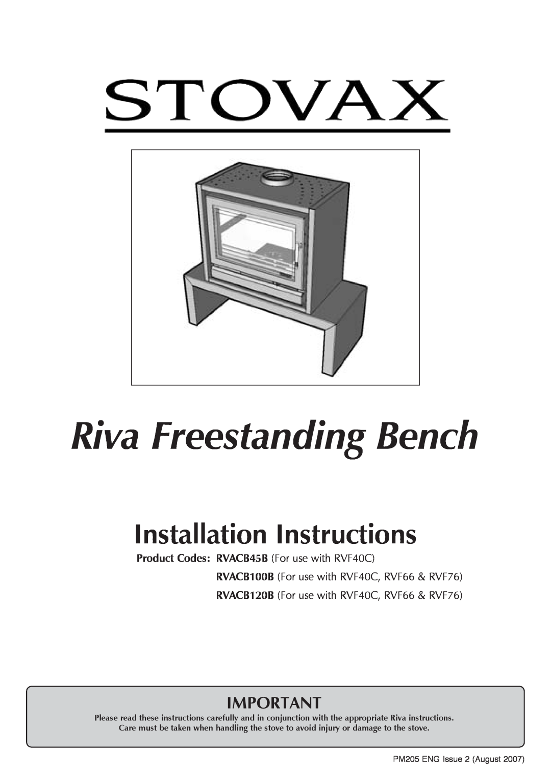 Stovax RVACB100B installation instructions Product Codes RVACB45B For use with RVF40C, Riva Freestanding Bench 