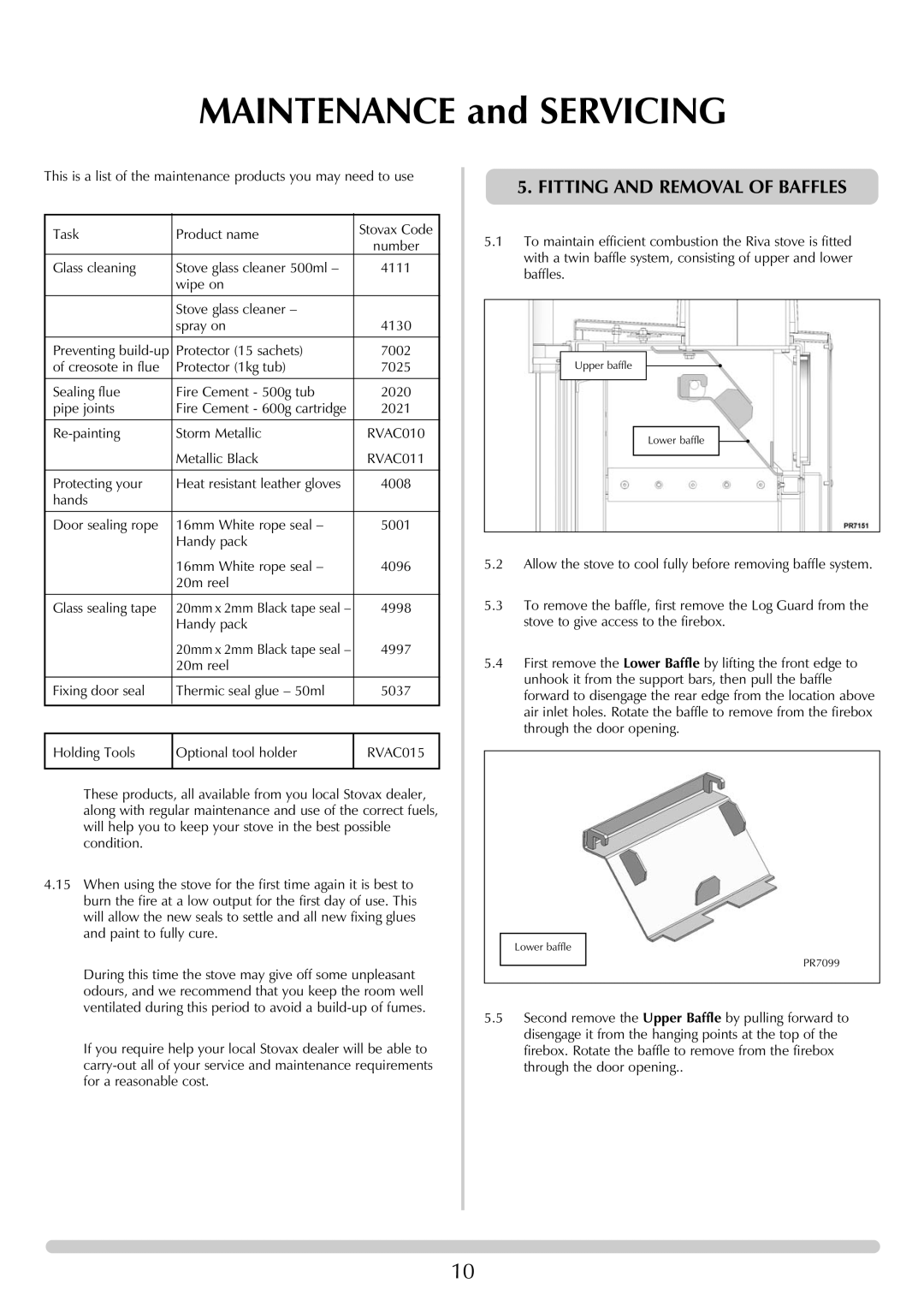 Stovax RVF40AVM, RVF40AVH manual Fitting and Removal of Baffles 