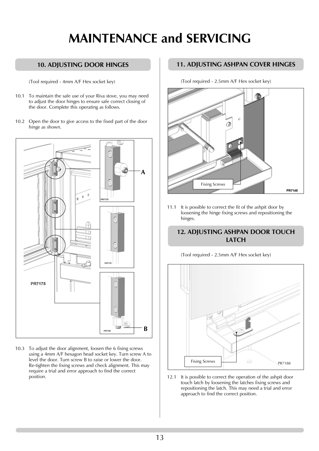 Stovax RVF40AVM, RVF40AVH manual Adjusting Door Hinges, Adjusting Ashpan Cover Hinges, Adjusting Ashpan Door Touch Latch 