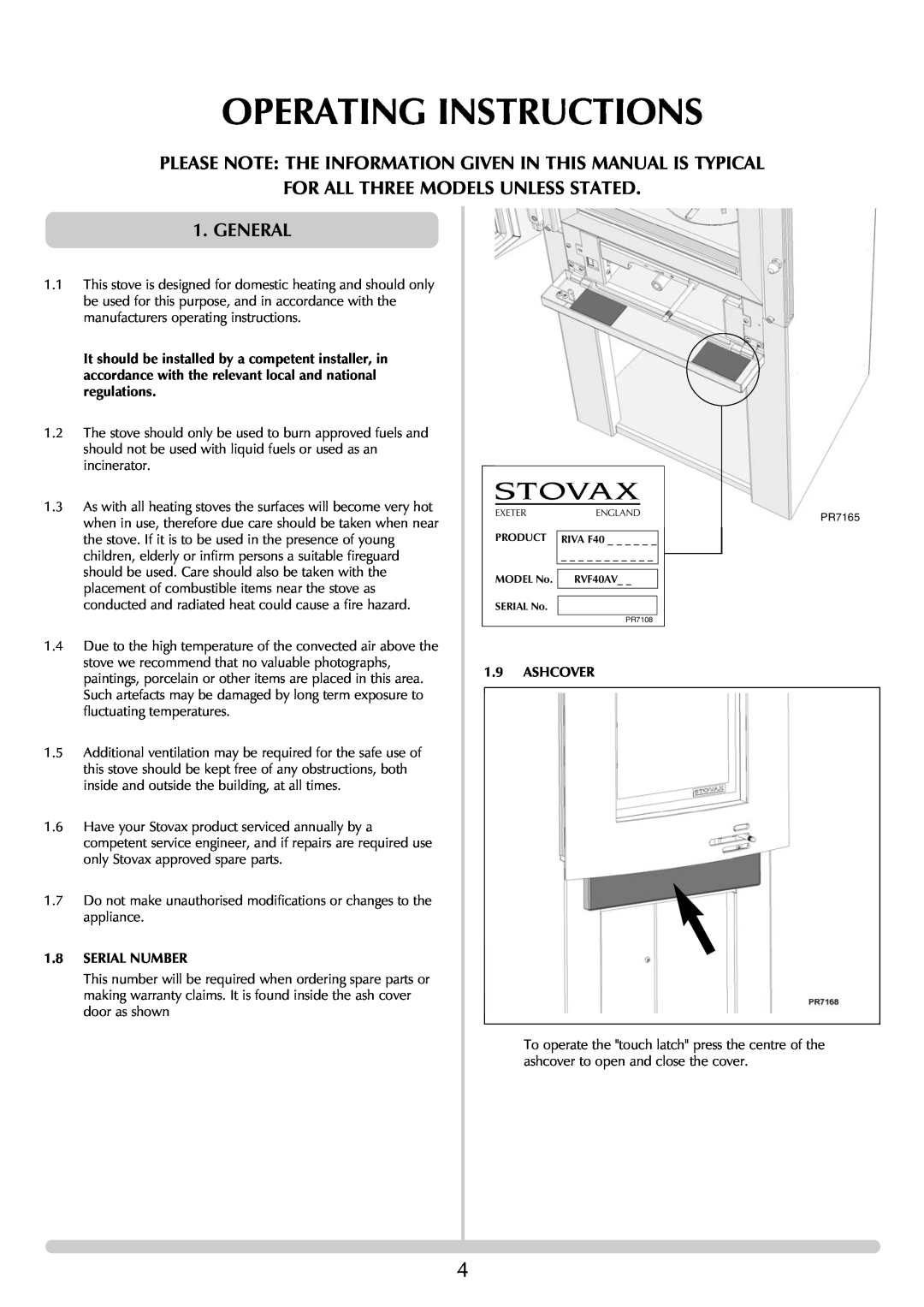 Stovax RVF40AVM, RVF40AVH manual Operating Instructions, FOR ALL THREE MODELS UNLESS STATED 1.GENERAL 