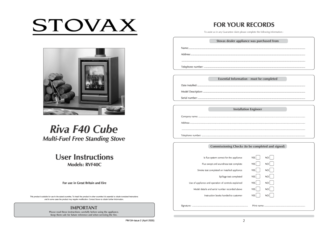 Stovax RVF40C manual For Your Records, For use in Great Britain and Eire, Stovax dealer appliance was purchased from 