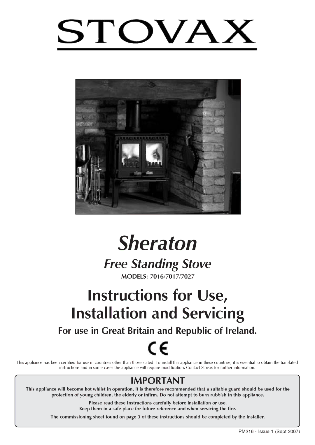 Stovax sheraton free standing stove manual Sheraton, ModelS 7016/7017/7027 