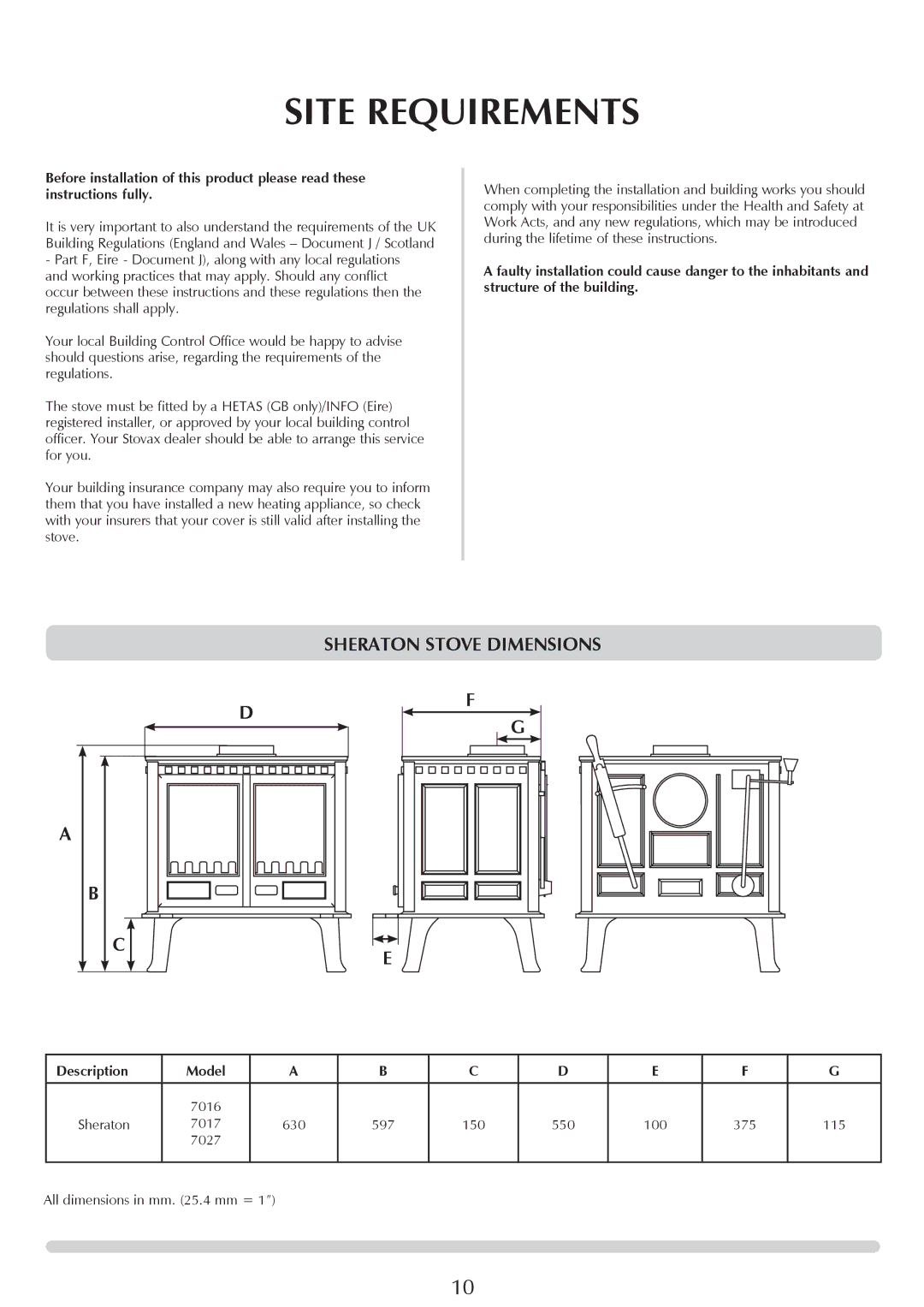 Stovax 7017, 7016, 7027 manual Site Requirements, Sheraton Stove Dimensions, Description Model, 630 597 150 550 100 375 115 