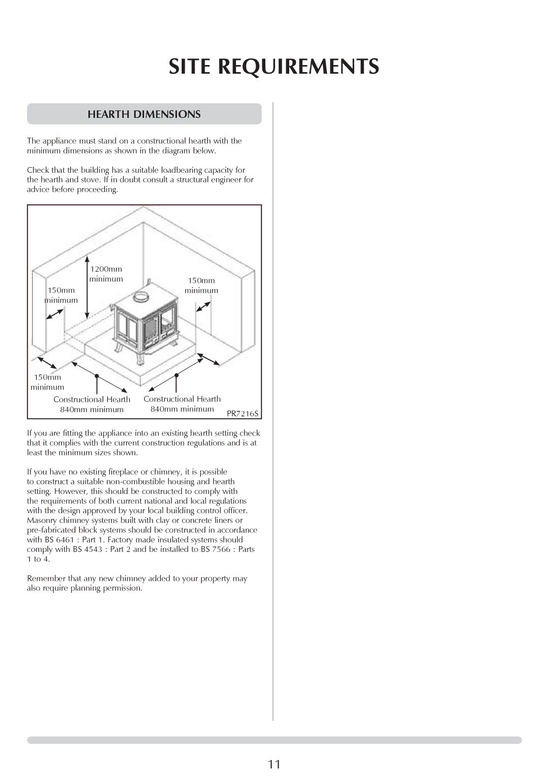 Stovax sheraton free standing stove, 7016, 7027, 7017 manual Hearth Dimensions 