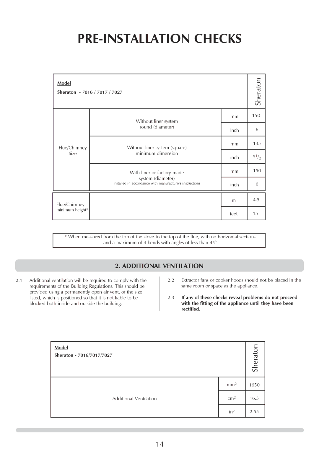 Stovax sheraton free standing stove manual Additional Ventilation, Sheraton 7016/7017/7027 