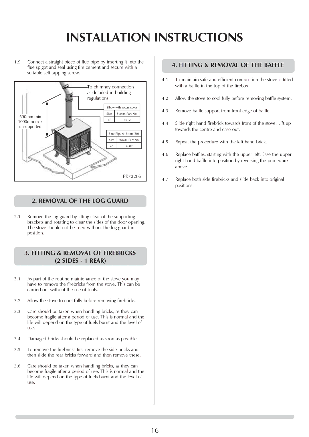 Stovax 7016, 7027 Fitting & Removal of the baffle, Removal of the LOG Guard, Fitting & Removal of Firebricks, Sides 1 Rear 
