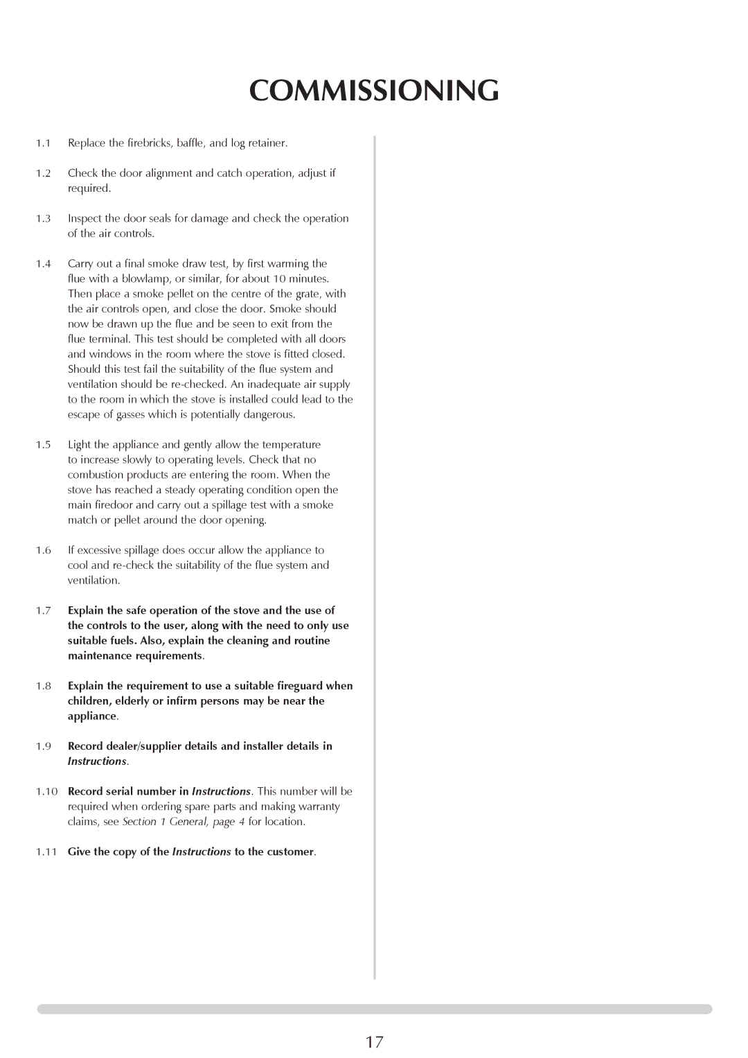 Stovax 7027, 7016, 7017, sheraton free standing stove manual Commissioning, Give the copy of the Instructions to the customer 