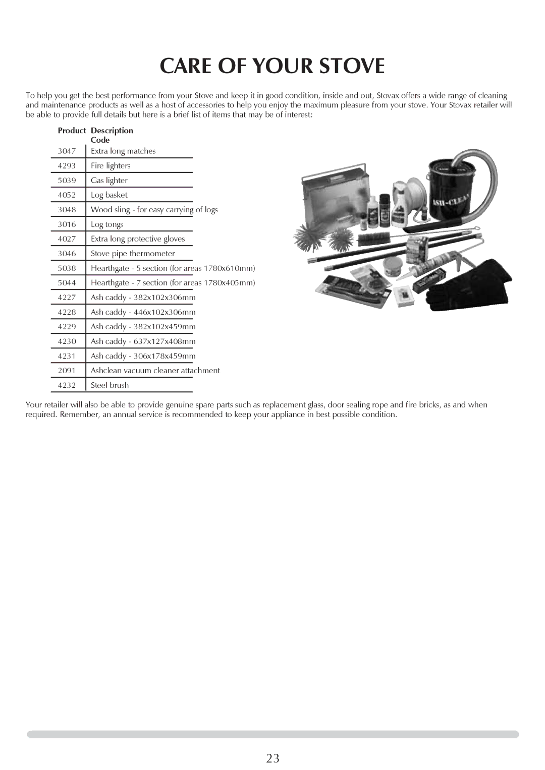 Stovax sheraton free standing stove, 7016, 7027, 7017 manual Care of Your Stove, Product Description Code 