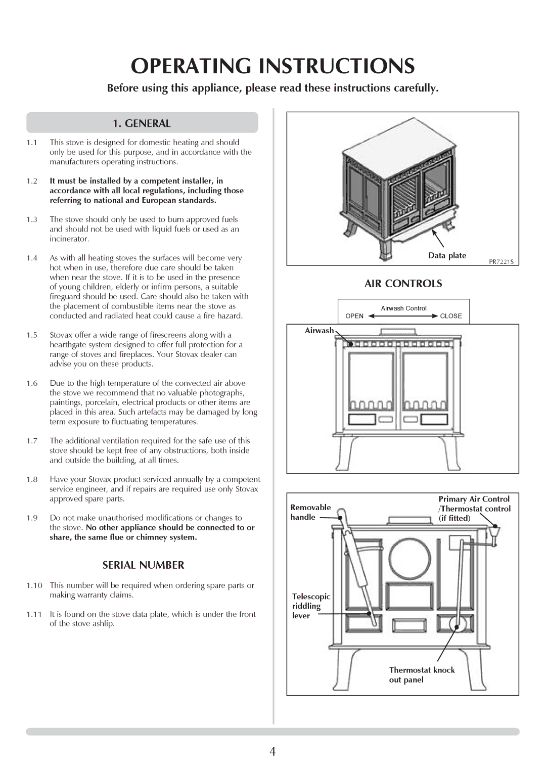 Stovax 7016, 7027, 7017, sheraton free standing stove manual Operating Instructions, General, AIR Controls, Serial Number 