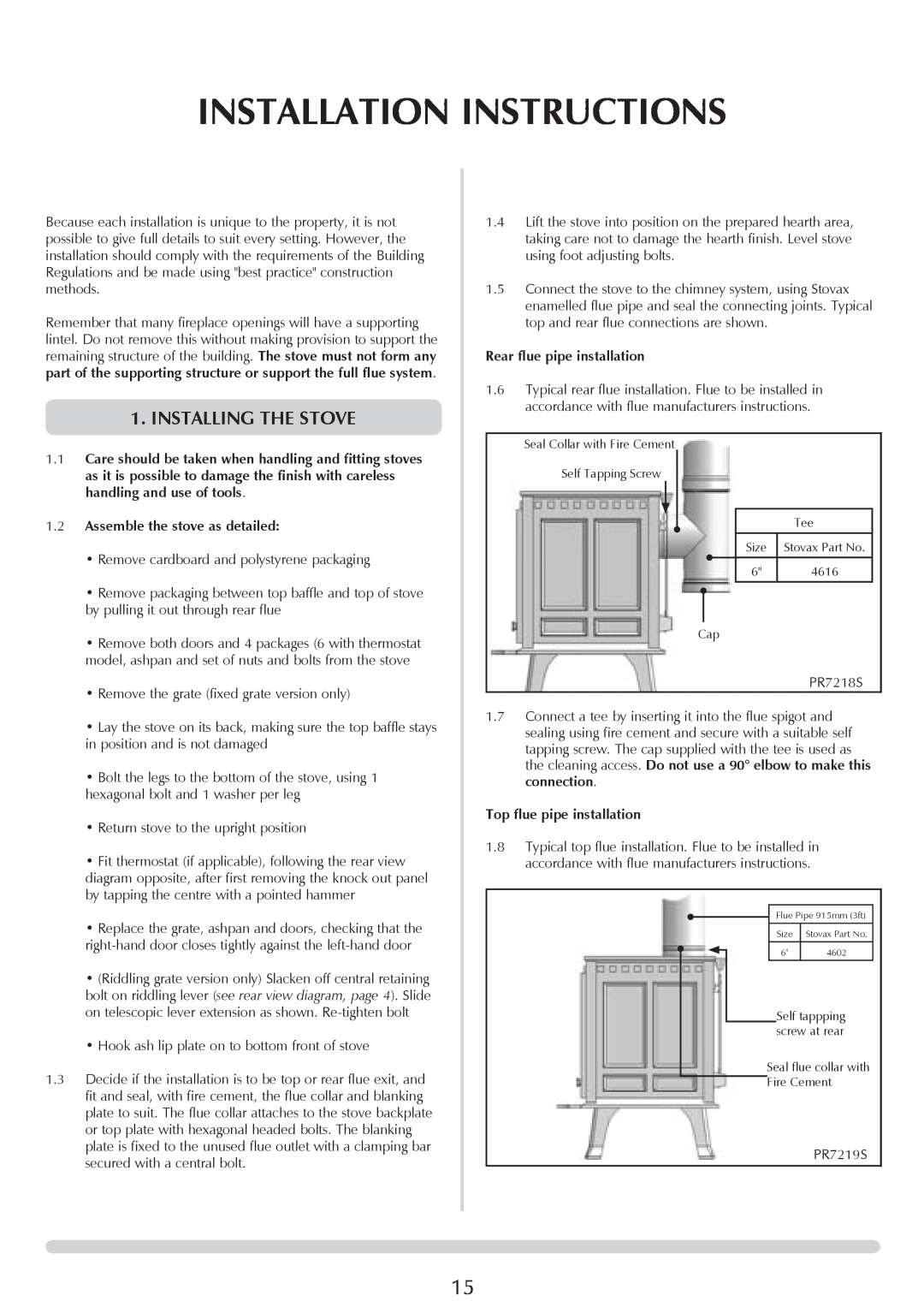 Stovax sheraton free standing stove, 7016, 7027, 7017 manual Installation Instructions, Installing The Stove 