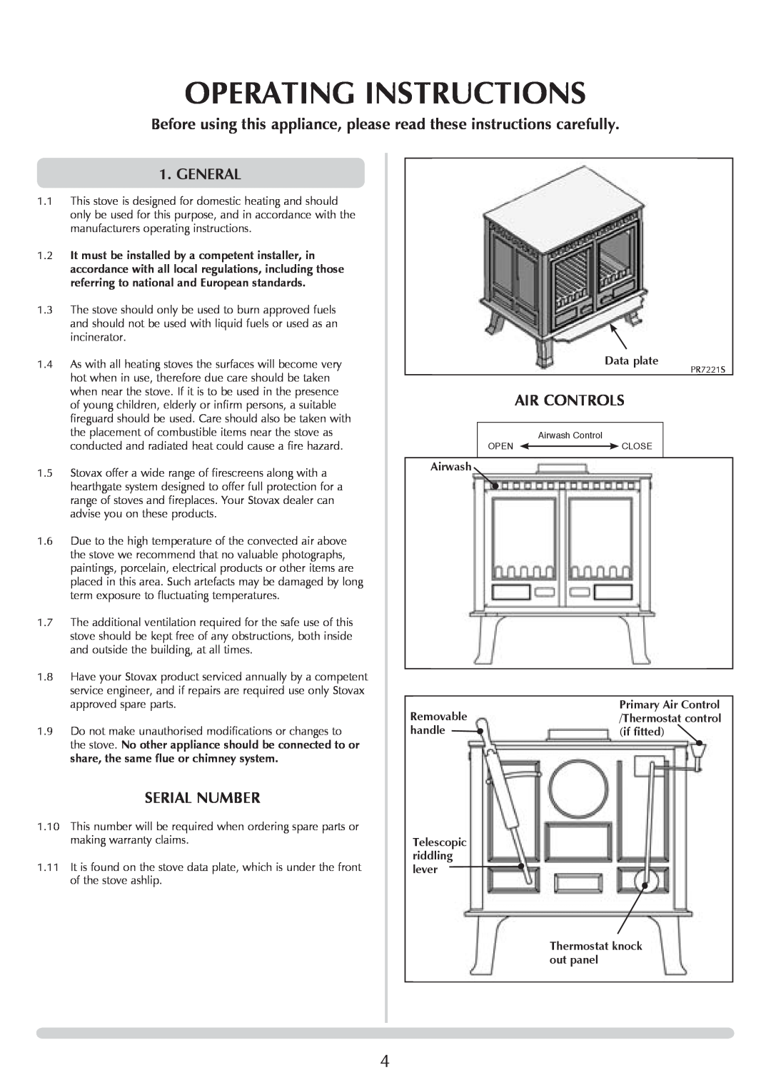 Stovax 7016, 7027, 7017, sheraton free standing stove manual Operating Instructions, General, Air Controls, Serial Number 