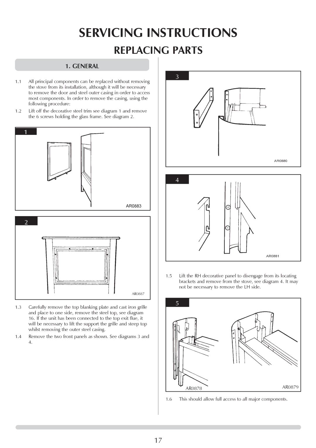 Stovax AR0368, Steel Manhattan AR0365, AR0366, AR0367, AR0887, AR0369 manual Replacing Parts, General 