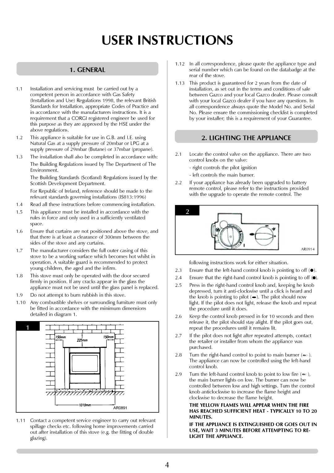 Stovax AR0369, Steel Manhattan AR0365, AR0366, AR0367, AR0887, AR0368 manual User Instructions, General, Lighting the Appliance 