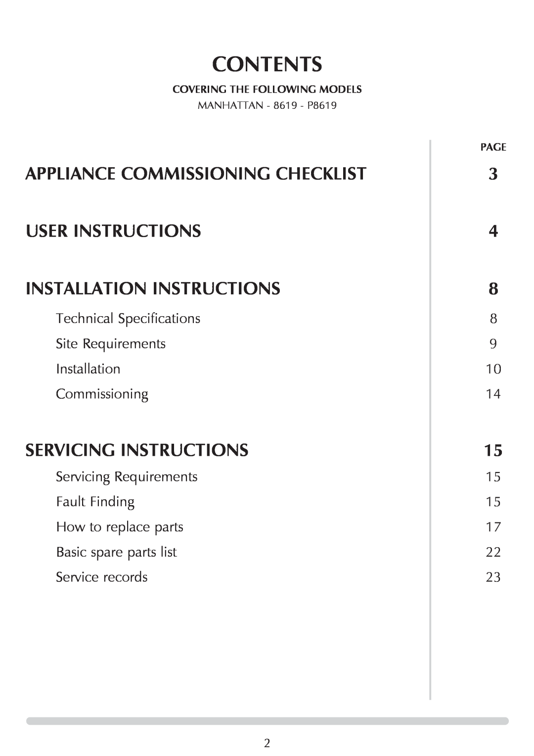 Stovax AR0367 Contents, Appliance Commissioning Checklist, User Instructions Installation Instructions, Service records 
