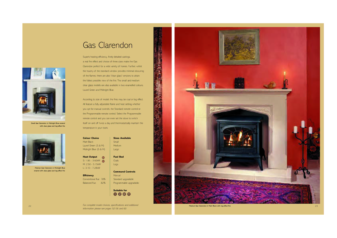 Stovax (STO0708) brochure Gas Clarendon, Colour Choice Sizes Available, Heat Output Fuel Bed, Command Controls Efficiency 