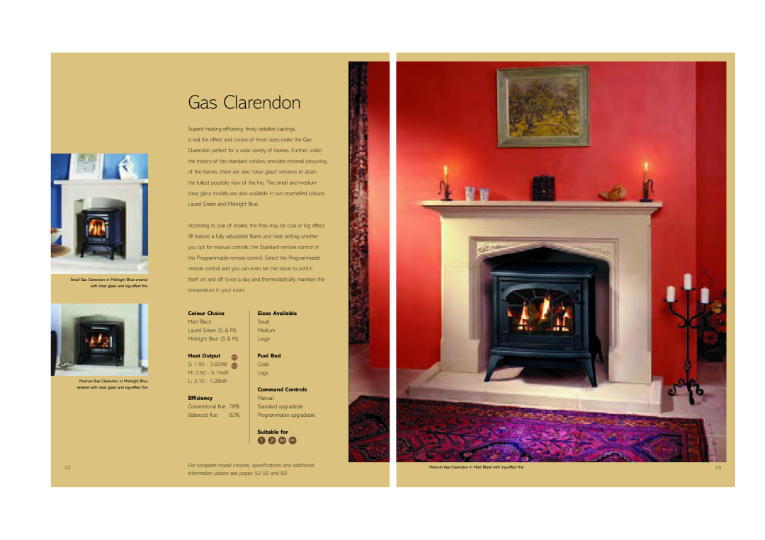 Stovax (STO0708) Gas Clarendon, Colour Choice, Sizes Available, Heat Output, Fuel Bed, Command Controls, Efficiency 