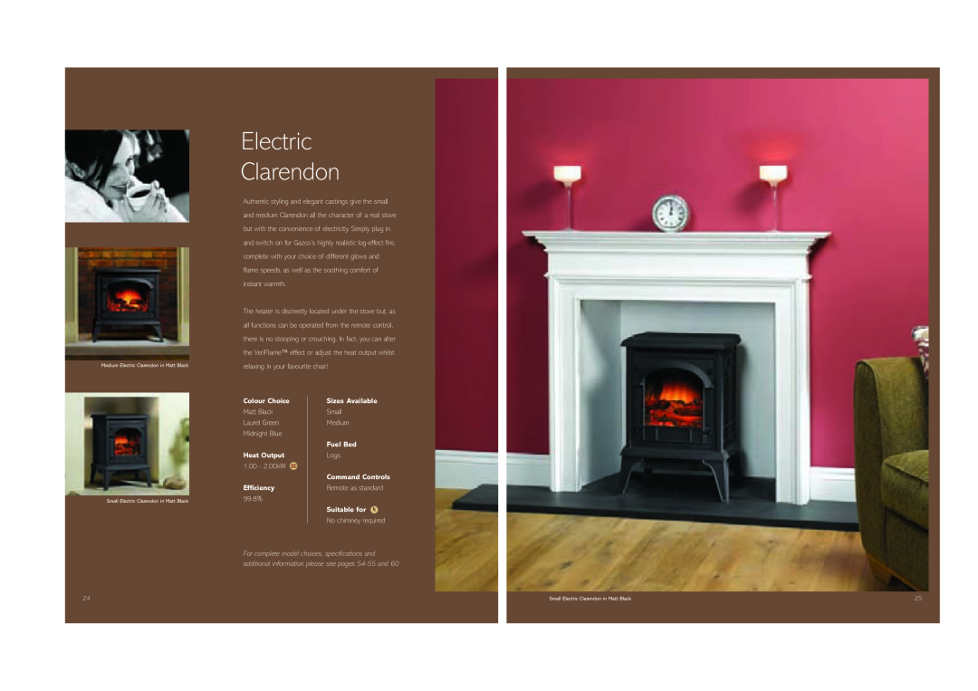 Stovax (STO0708) Electric Clarendon, Colour Choice, Sizes Available, Fuel Bed, Heat Output, Efficiency, Suitable for 
