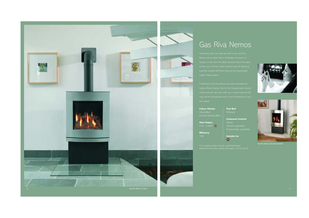 Stovax (STO0708) brochure Gas Riva Nemos, Colour Choices, Heat Output, Efficiency, Fuel Bed, Command Controls, Suitable for 
