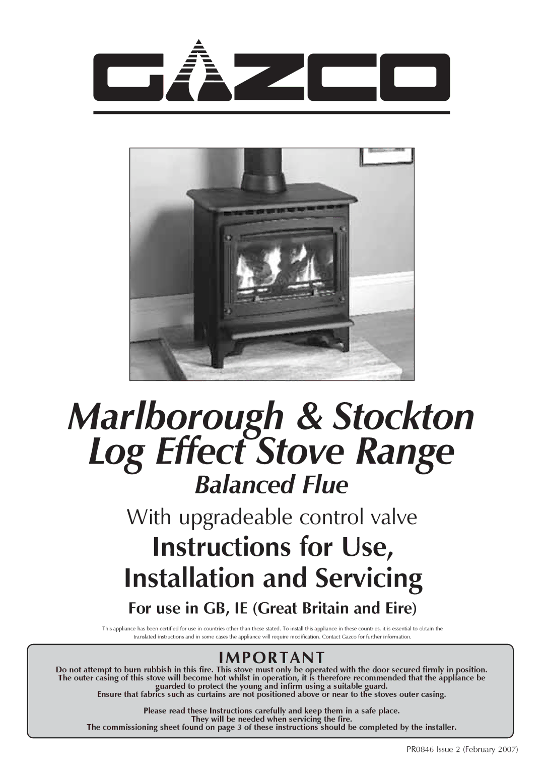 Stovax manual Marlborough & Stockton Log Effect Stove Range, PR0846 Issue 2 February 