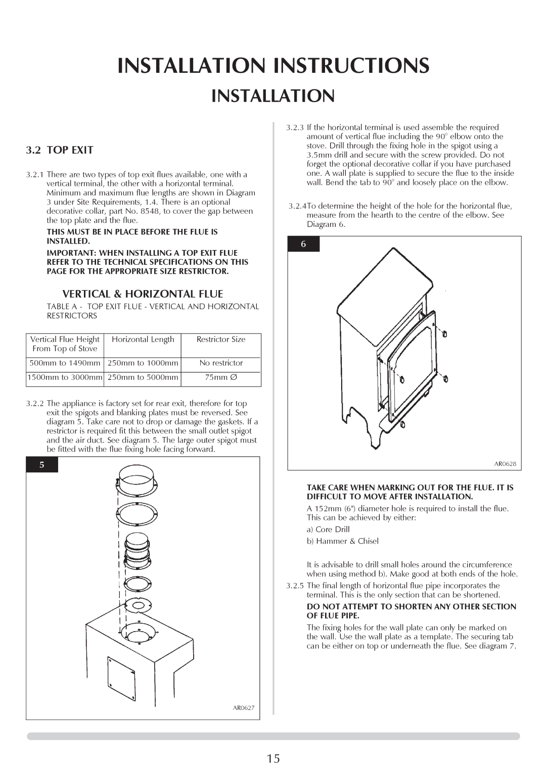 Stovax Stockton Log Effect Stove Range Vertical & Horizontal Flue, Vertical Flue Height Horizontal Length Restrictor Size 