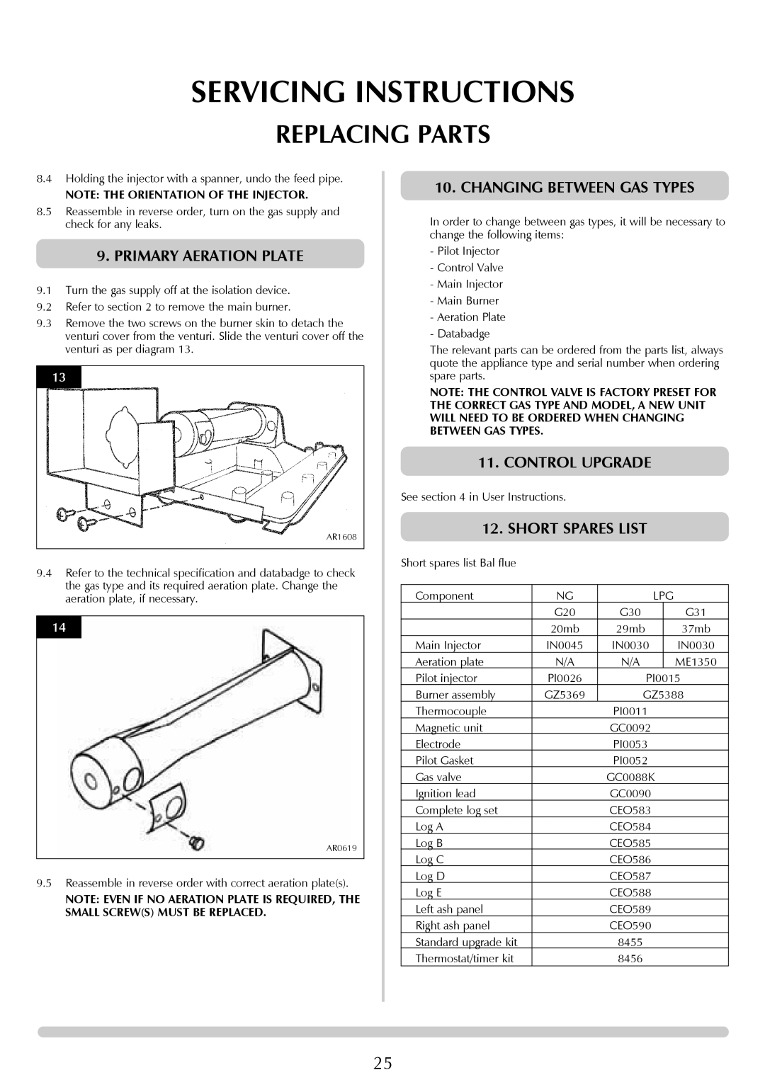 Stovax Stockton Log Effect Stove Range manual Primary Aeration Plate, Changing Between GAS Types, Short Spares List 