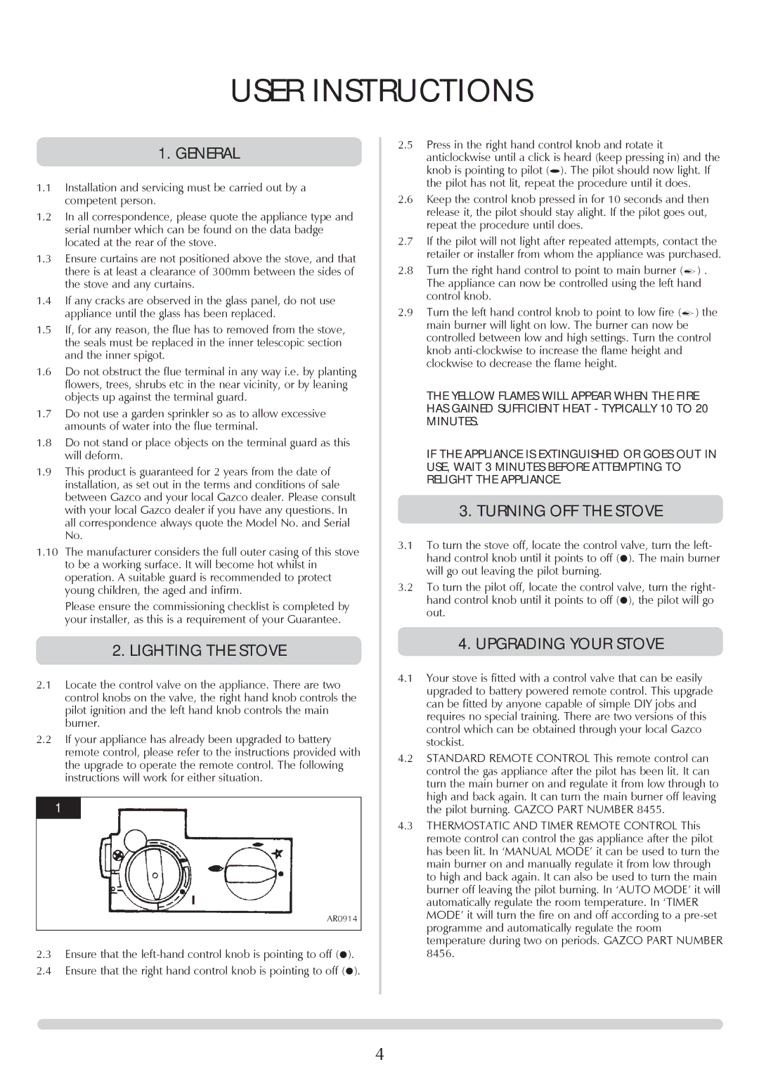 Stovax Stockton Log Effect Stove Range manual User Instructions, General, Lighting the Stove, Turning OFF the Stove 