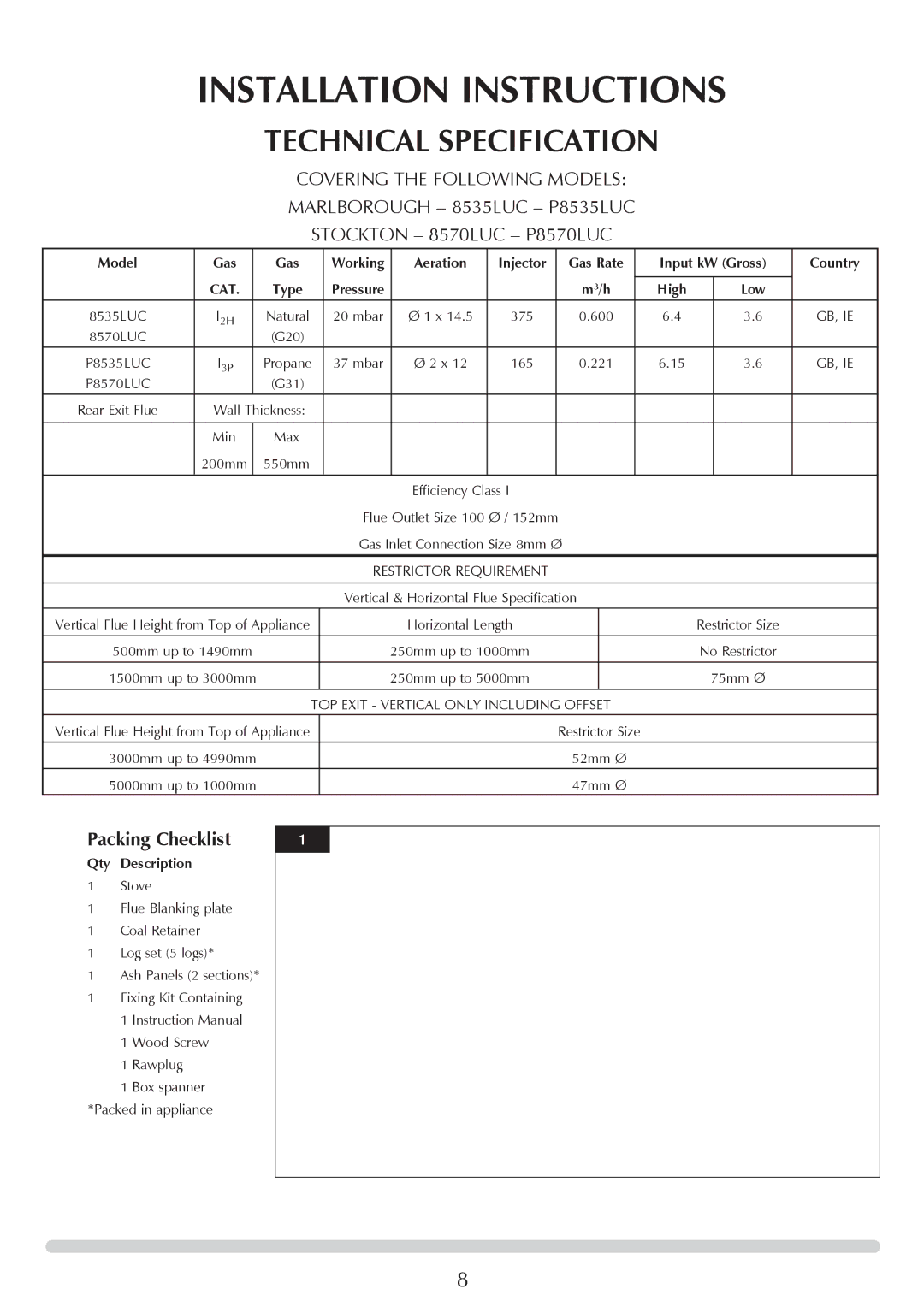 Stovax Stockton Log Effect Stove Range manual Installation Instructions, Technical Specification 