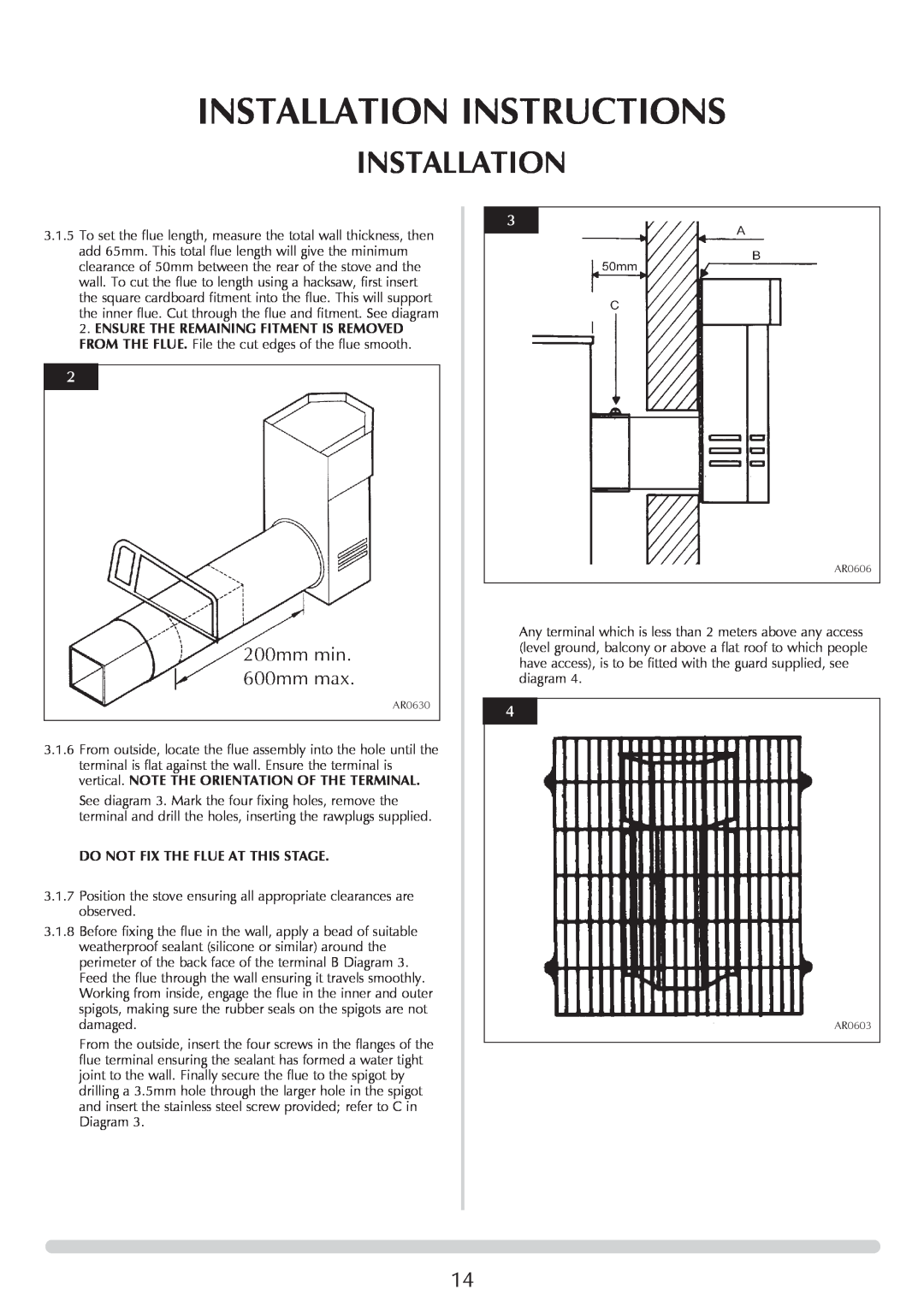 Stovax Stockton Log Effect Stove Range manual Installation Instructions, Do Not Fix The Flue At This Stage, AR0630, AR0606 