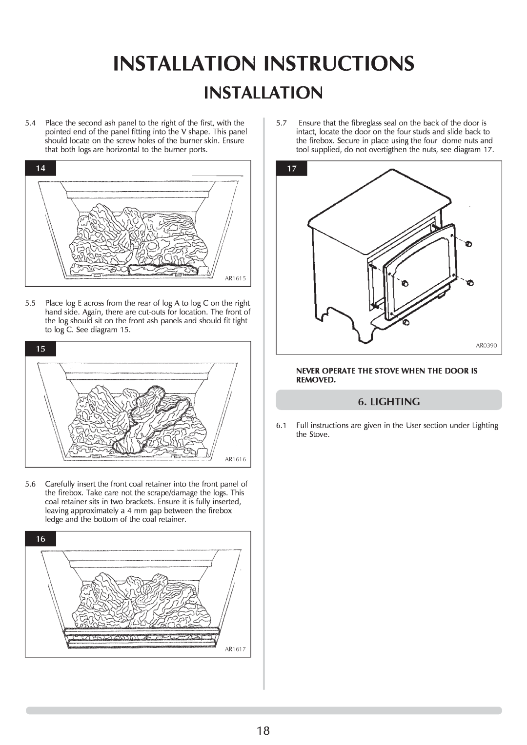Stovax Stockton Log Effect Stove Range manual Installation Instructions, Lighting 