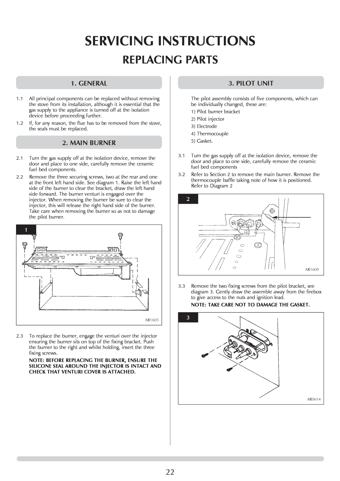 Stovax Stockton Log Effect Stove Range manual Replacing Parts, Servicing Instructions, General, Main Burner, Pilot Unit 