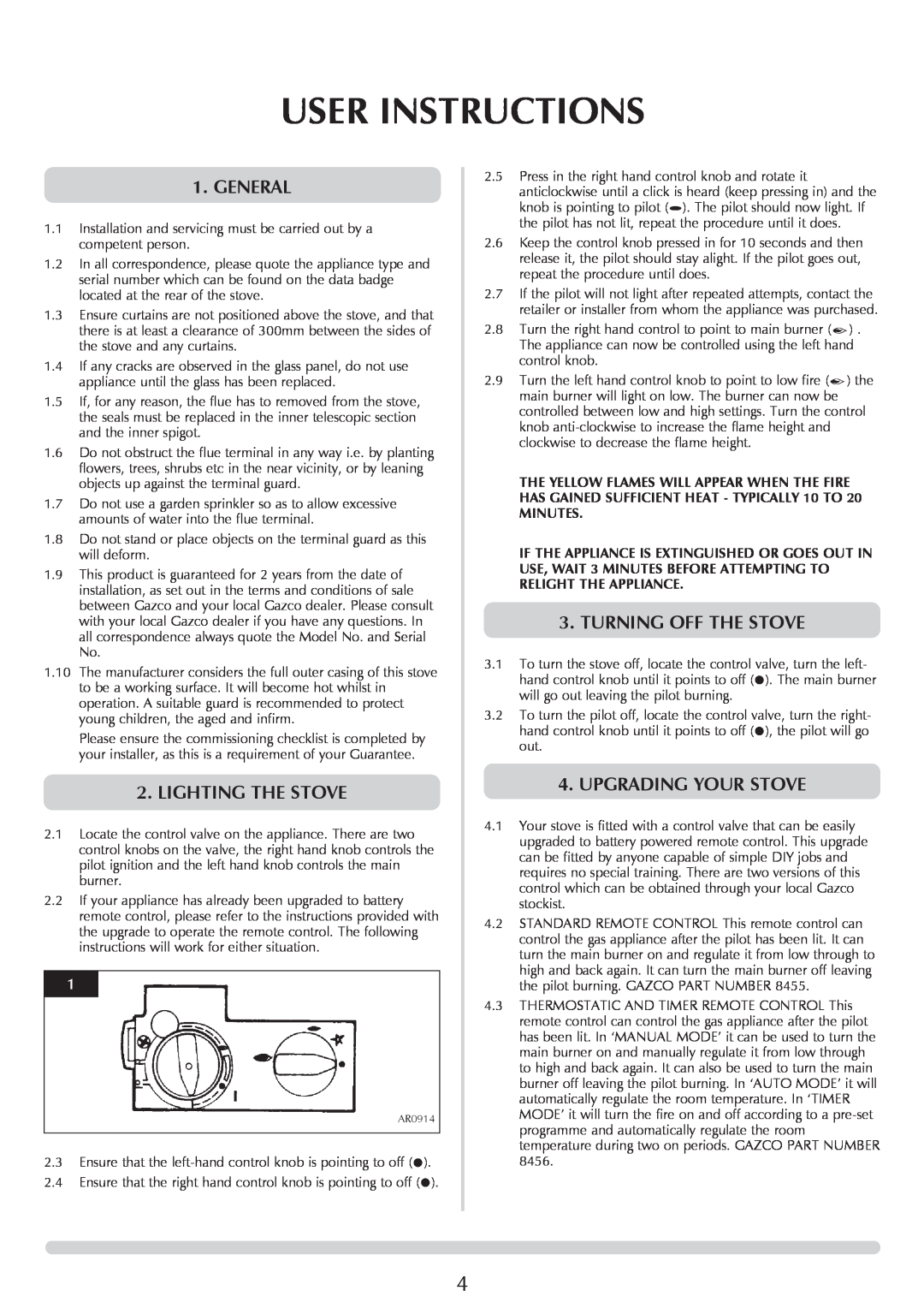 Stovax Stockton Log Effect Stove Range manual User Instructions, General, Lighting The Stove, Turning Off The Stove 
