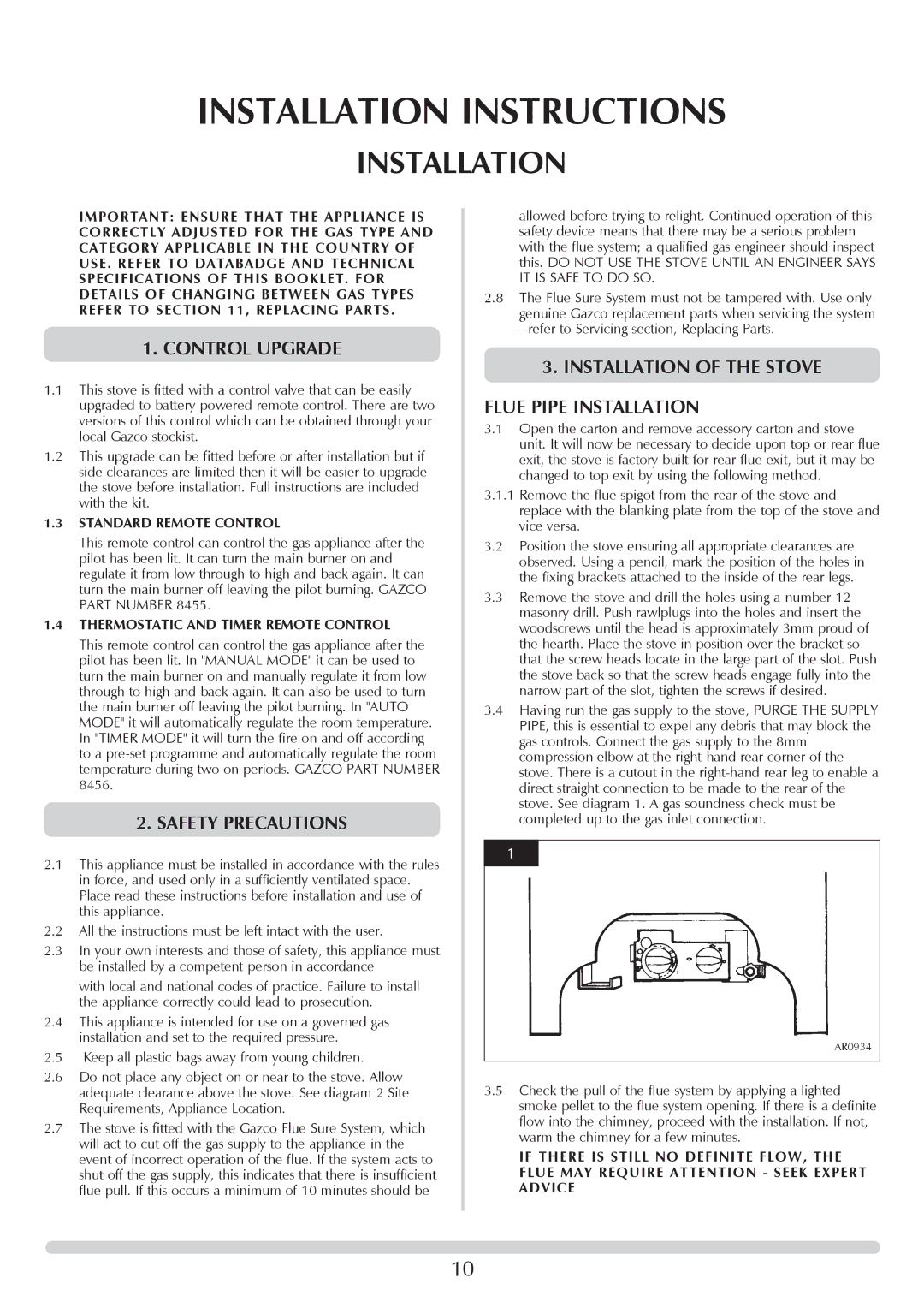 Stovax Stove Range manual Control Upgrade, Safety Precautions, Installation of the Stove Flue Pipe Installation 