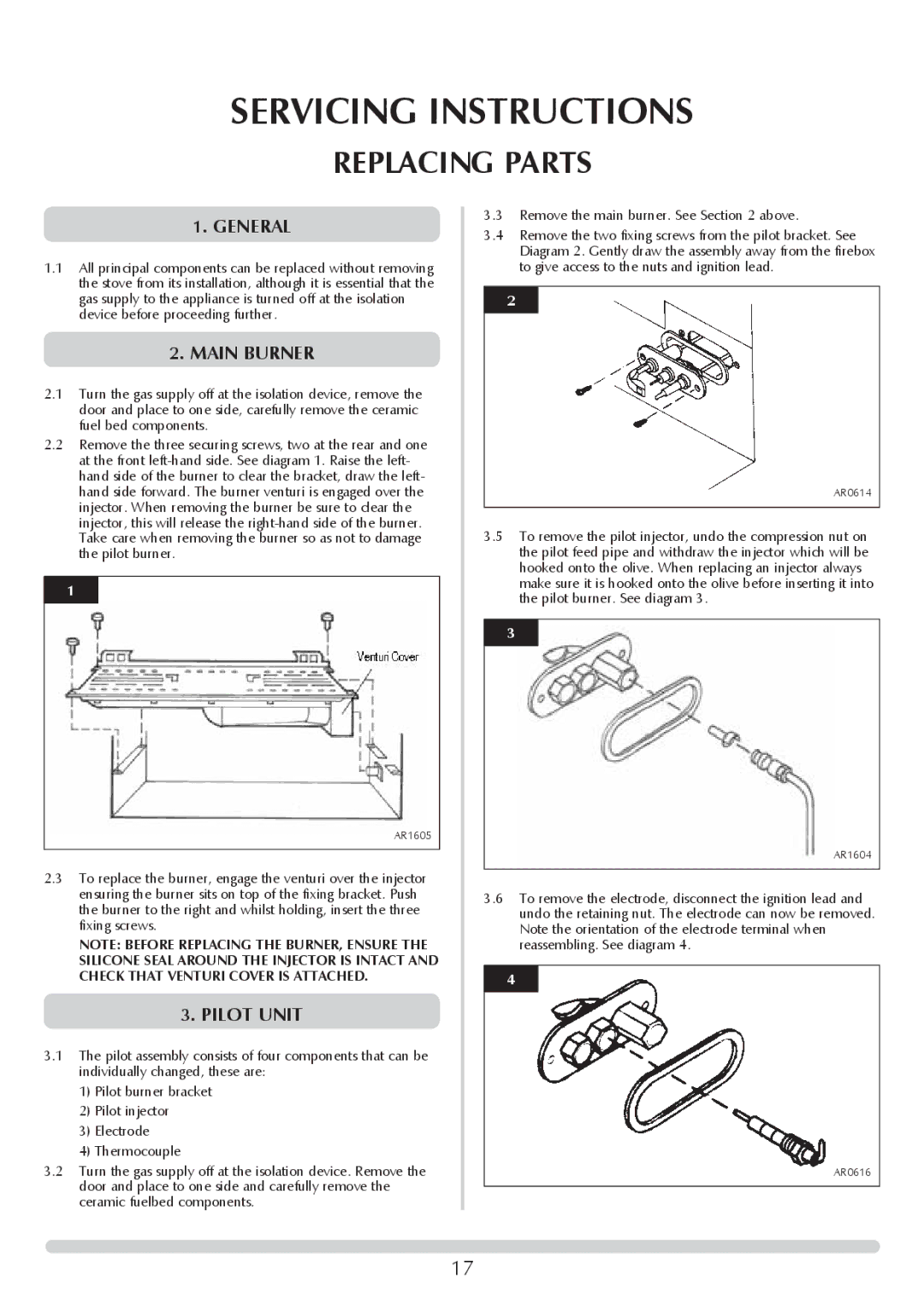 Stovax Stove Range manual Replacing Parts, Main Burner, Pilot Unit 