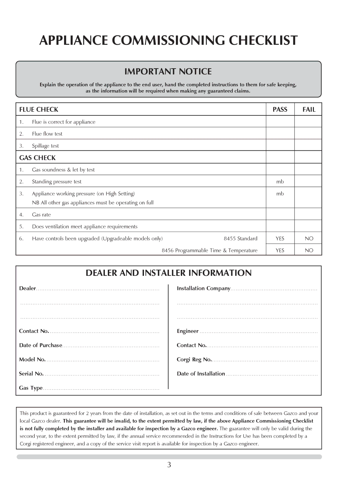 Stovax Stove Range manual Appliance Commissioning Checklist, Flue Check Pass Fail, GAS Check 