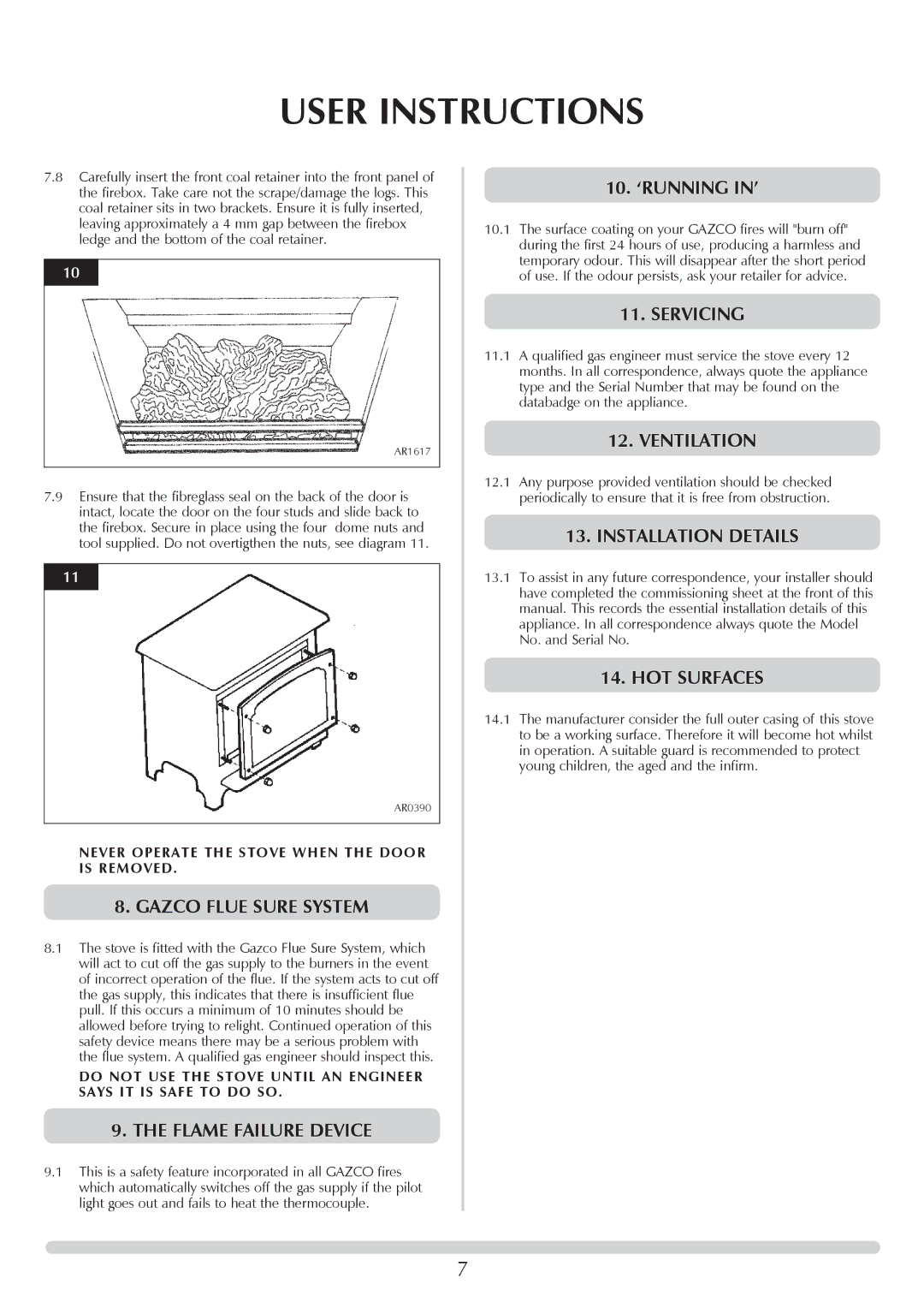 Stovax Stove Range Gazco Flue Sure System, Flame Failure Device, 10. ‘RUNNING IN’, Servicing, Ventilation, HOT Surfaces 