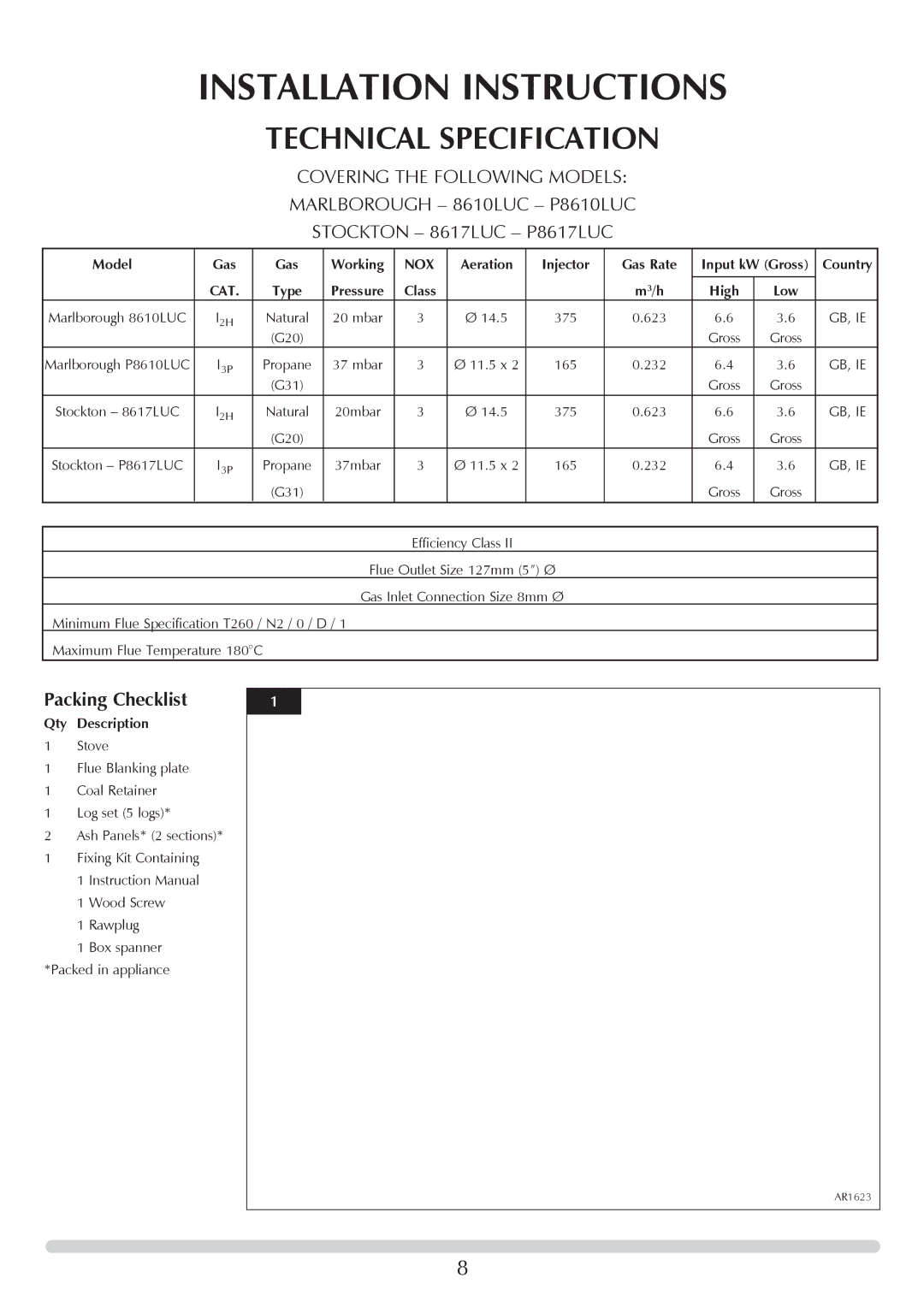 Stovax Stove Range manual Installation Instructions, Technical Specification 