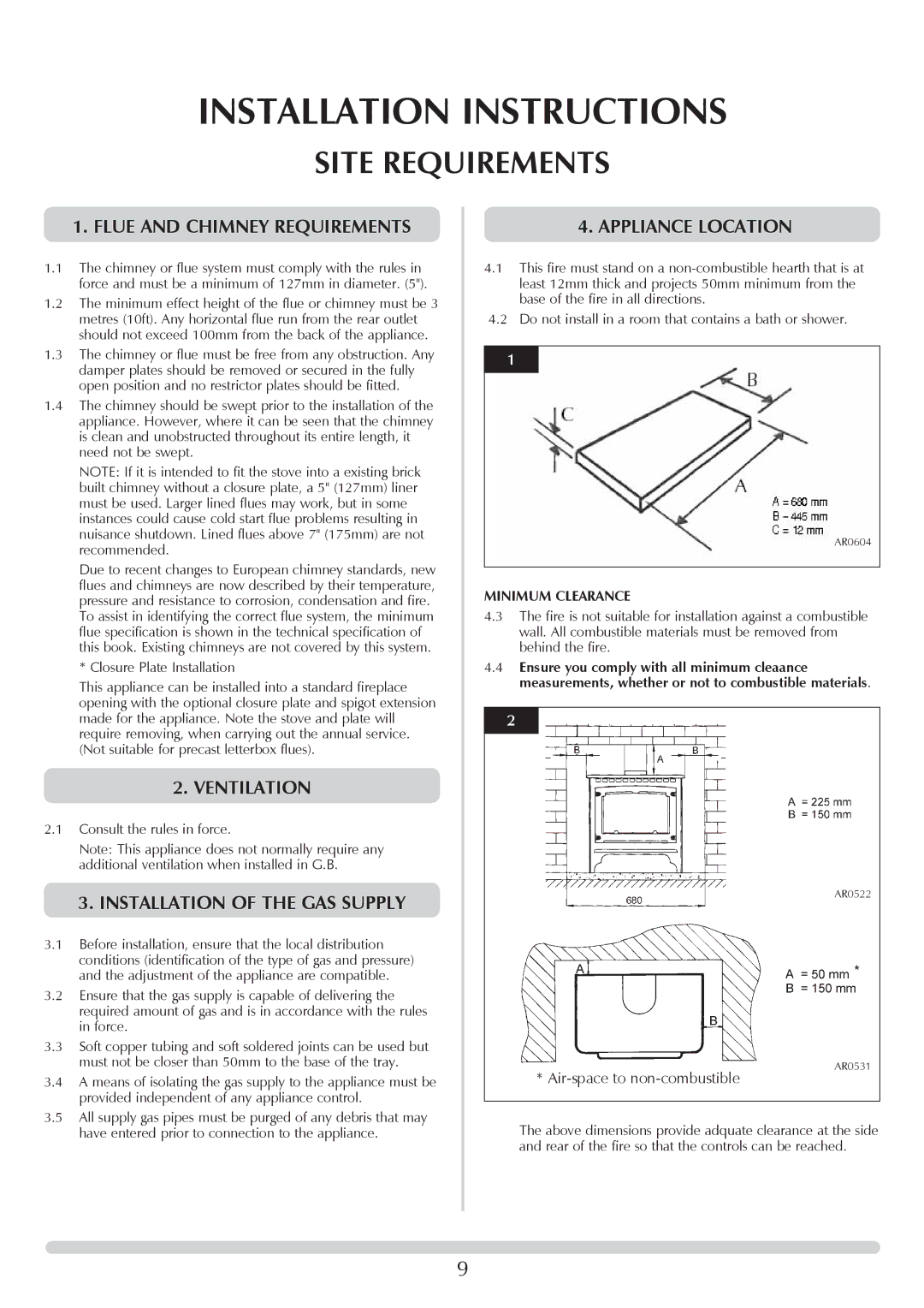 Stovax Stove Range Site Requirements, Flue and Chimney Requirements, Appliance Location, Installation of the GAS Supply 