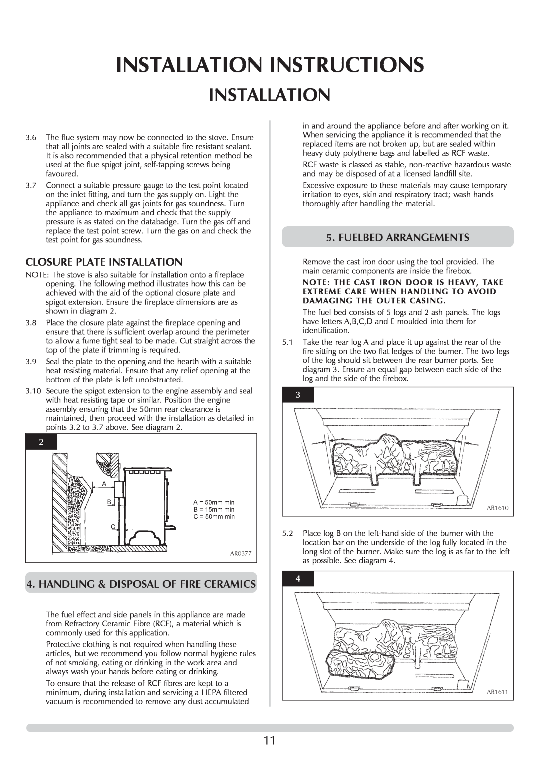 Stovax Stove Range manual Installation Instructions, Closure Plate Installation, Handling & Disposal Of Fire Ceramics 