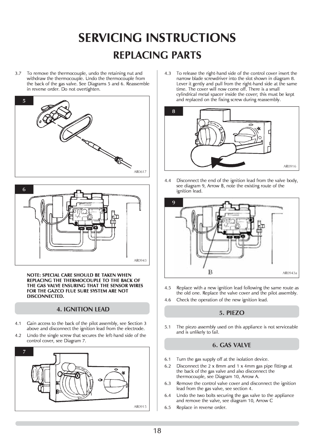 Stovax Stove Range manual Servicing Instructions, Replacing Parts, Ignition Lead, Piezo, Gas Valve 