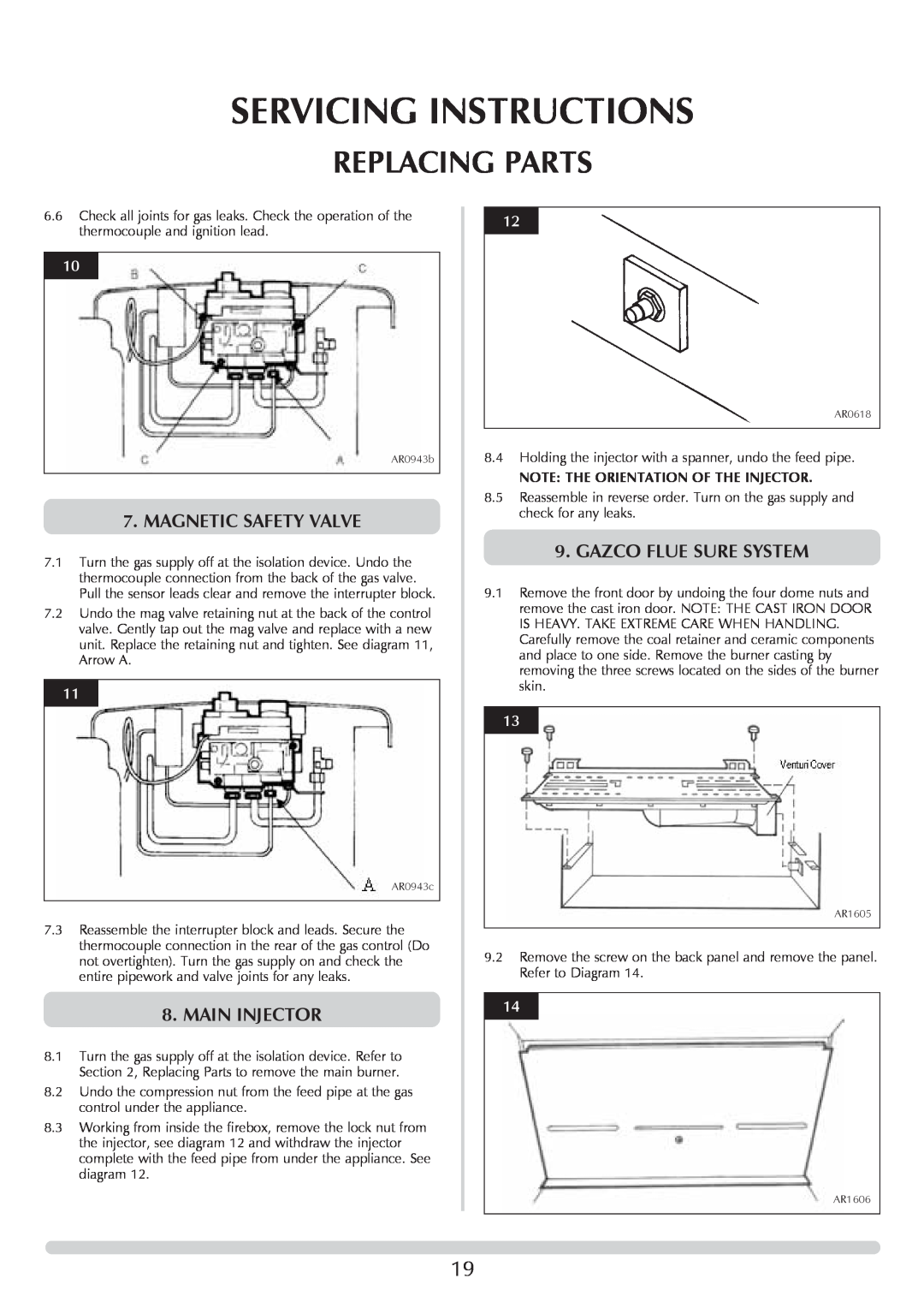 Stovax Stove Range Servicing Instructions, Replacing Parts, Magnetic Safety Valve, Main Injector, Gazco Flue Sure System 