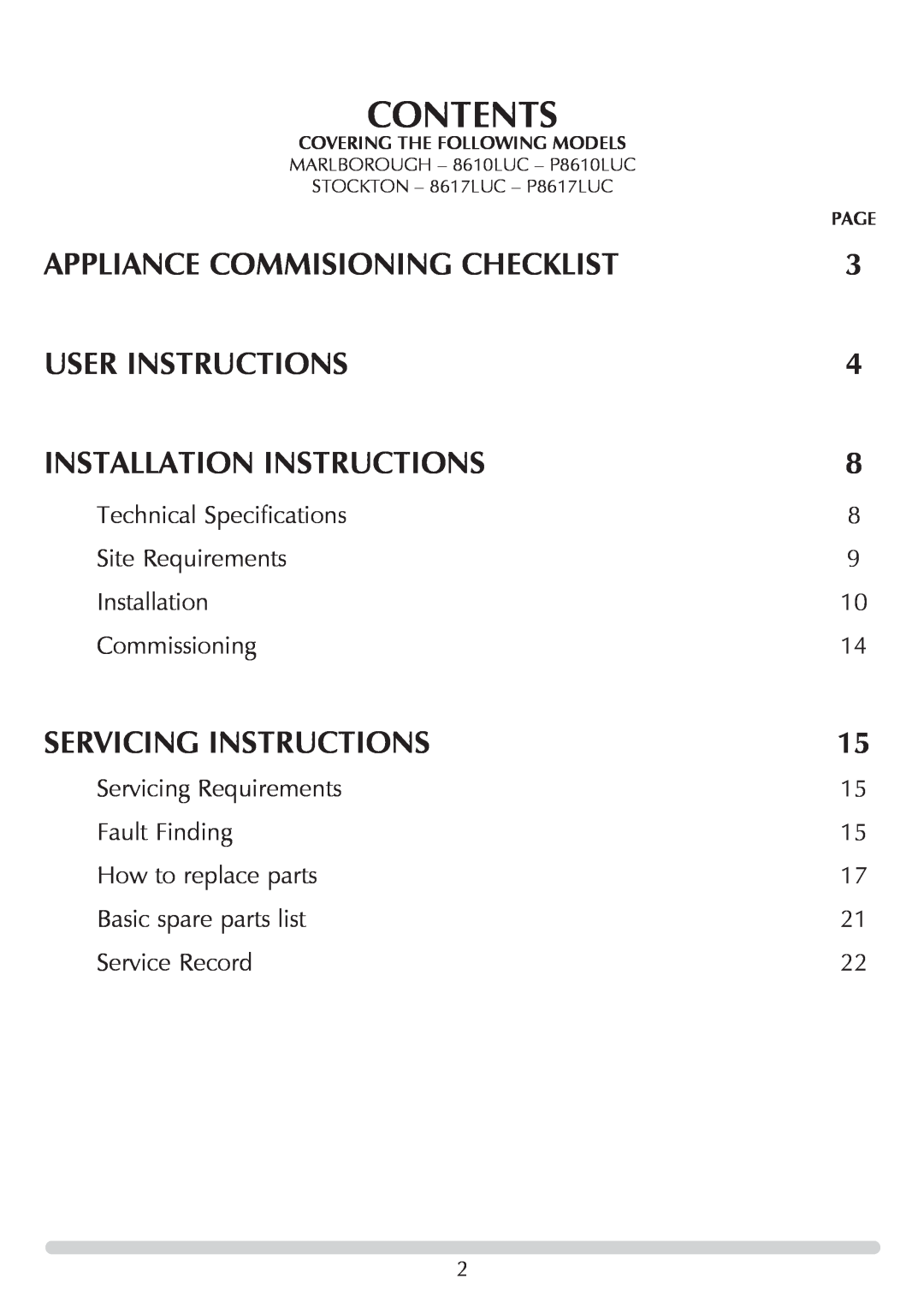 Stovax Stove Range manual Contents, Appliance Commisioning Checklist, User Instructions, Installation Instructions 