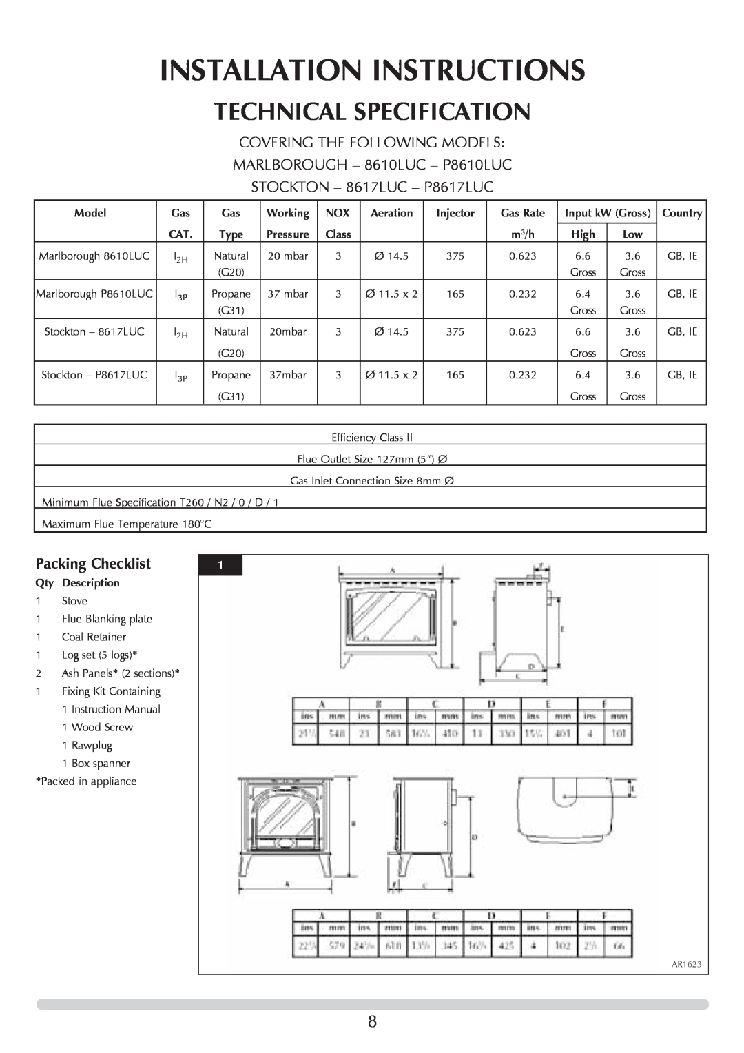 Stovax Stove Range Installation Instructions, Technical Specification, Covering The Following Models, Packing Checklist 