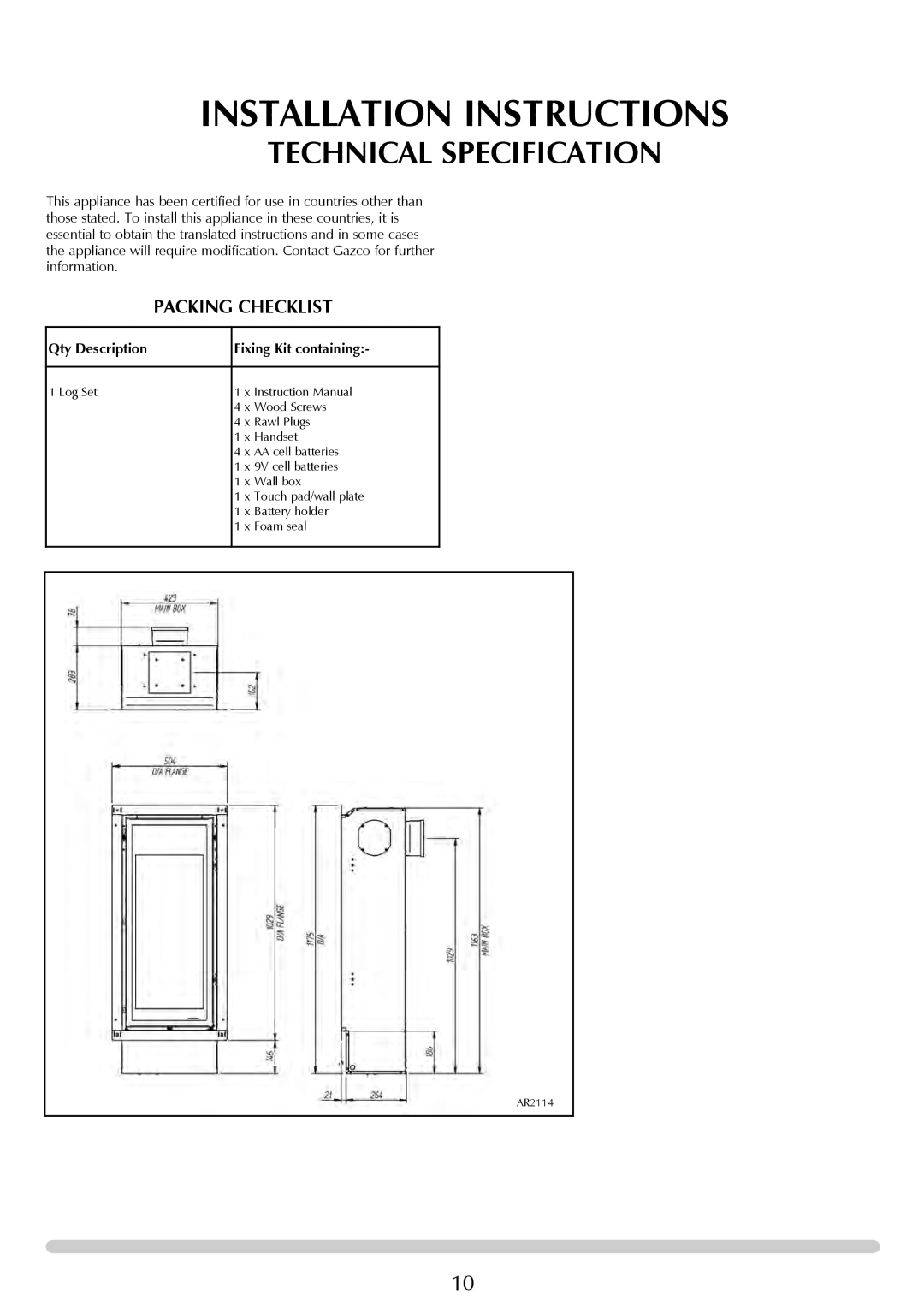 Stovax Studio 22 manual Packing Checklist, Qty Description Fixing Kit containing 