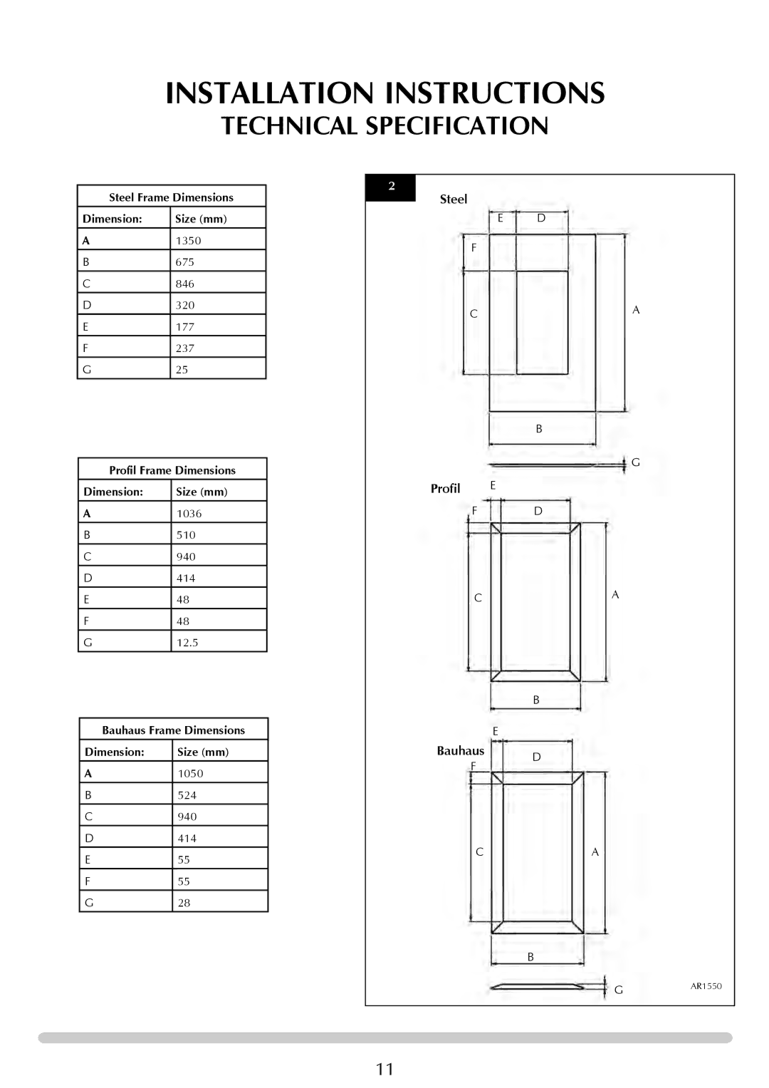 Stovax Studio 22 manual Steel Frame Dimensions Size mm, Profil Frame Dimensions Size mm, Bauhaus Frame Dimensions Size mm 