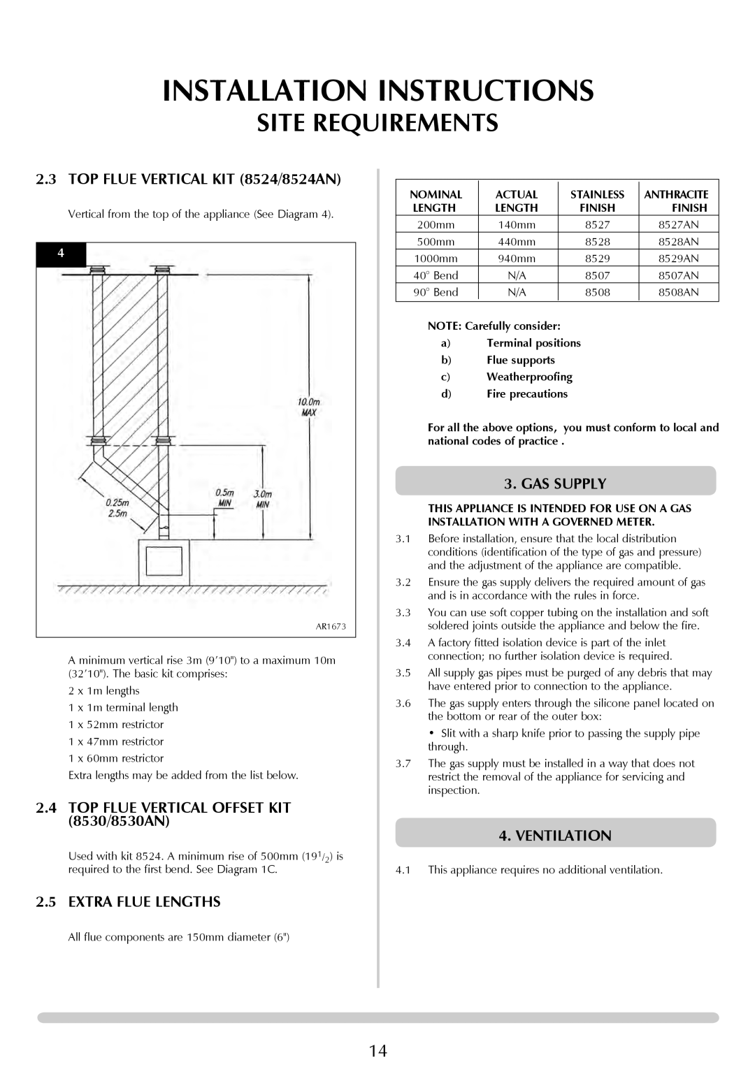 Stovax Studio 22 manual TOP Flue Vertical KIT 8524/8524AN, TOP Flue Vertical Offset KIT 8530/8530AN, Extra Flue Lengths 