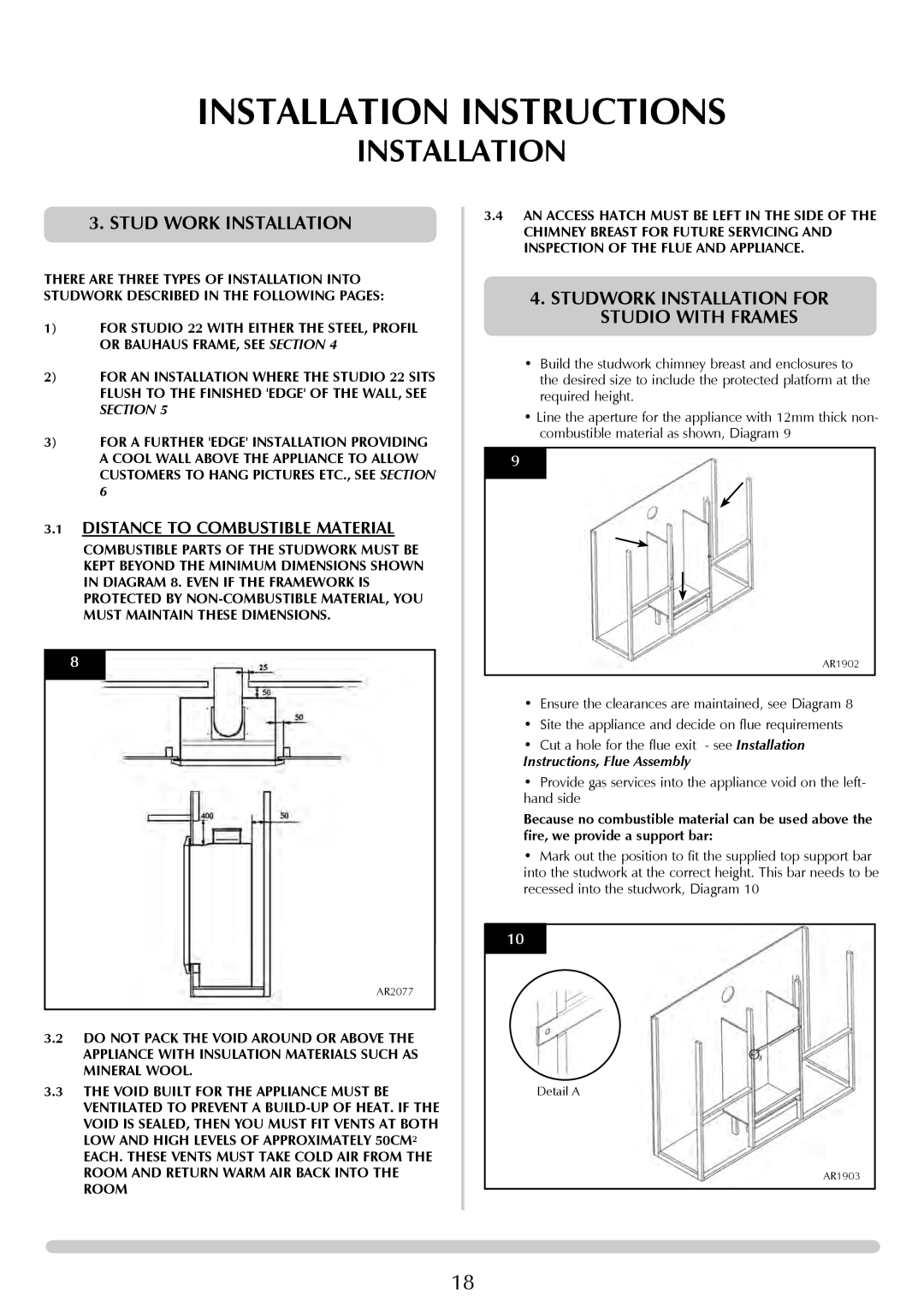 Stovax Studio 22 manual Stud Work Installation, Distance to Combustible Material 